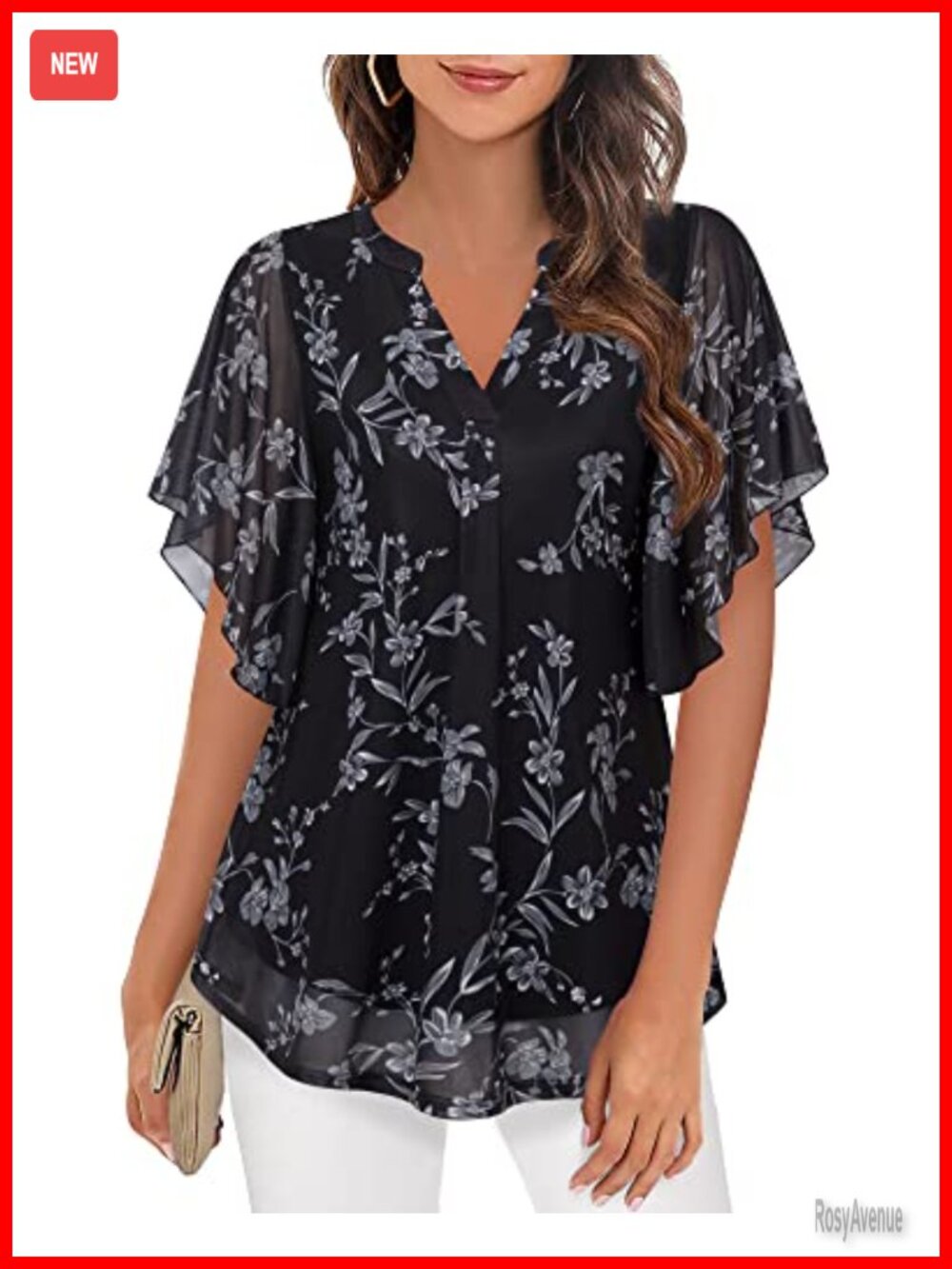 Womens Short Sleeve V Neck Blouses Floral Double Layers Mesh Tunics Tops